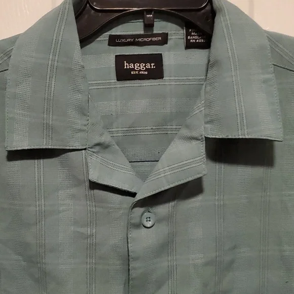 Haggar Luxury Microfiber Men's Green Plaid Button Down Short Sleeve Shirt- Large - Picture 3 of 7